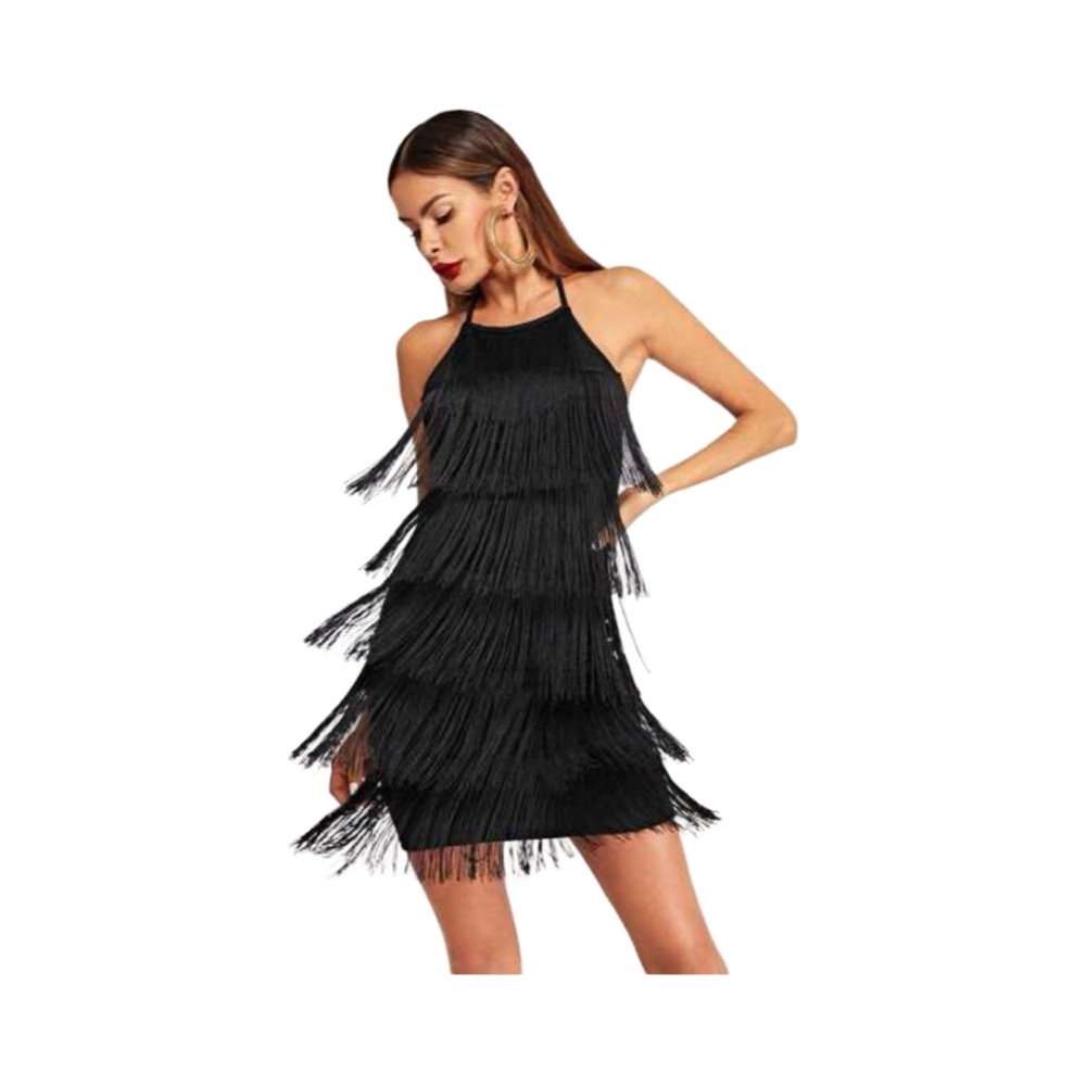 SHEIN VCAY Tied Backless Split Thigh Fringe Hem Halter Dress - Picture 1 of 8